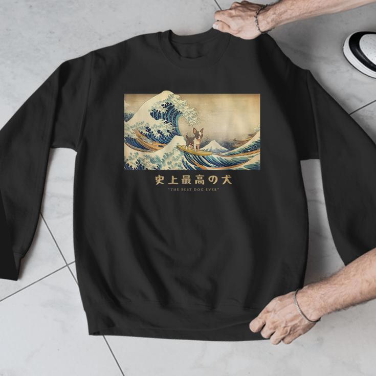Surfing Boston Terrier Kanagawa Wave Japanese Dog For Men Women Kids Men Graphic Sweatshirt, funny design