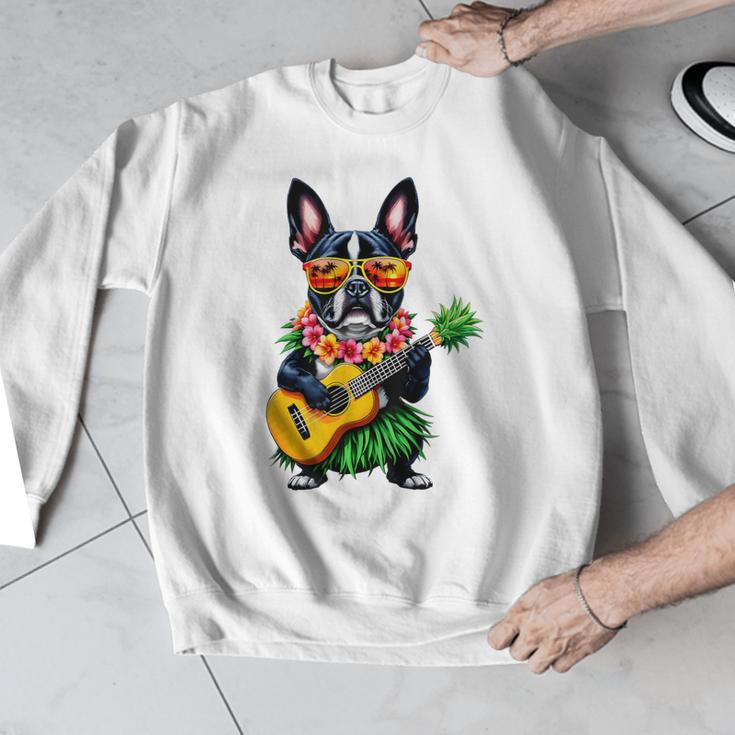 Hawaiian Boston Terrier & Pineapple Ukulele Summer Vacation Men Graphic Sweatshirt, funny design