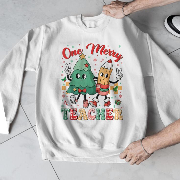 One Merry Teacher Groovy Christmas Tree Pjs Xmas Teacher Men Graphic Sweatshirt, Groovy Teacher Gifts, funny design