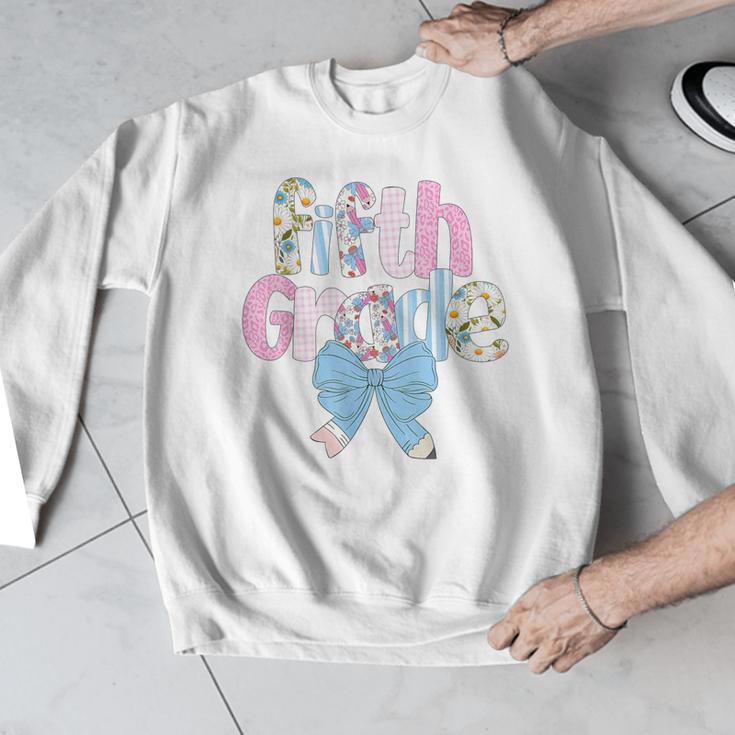 Preppy Fifth Grade Teacher Blue Floral Coquette Pencil Bow Men Graphic Sweatshirt, funny design