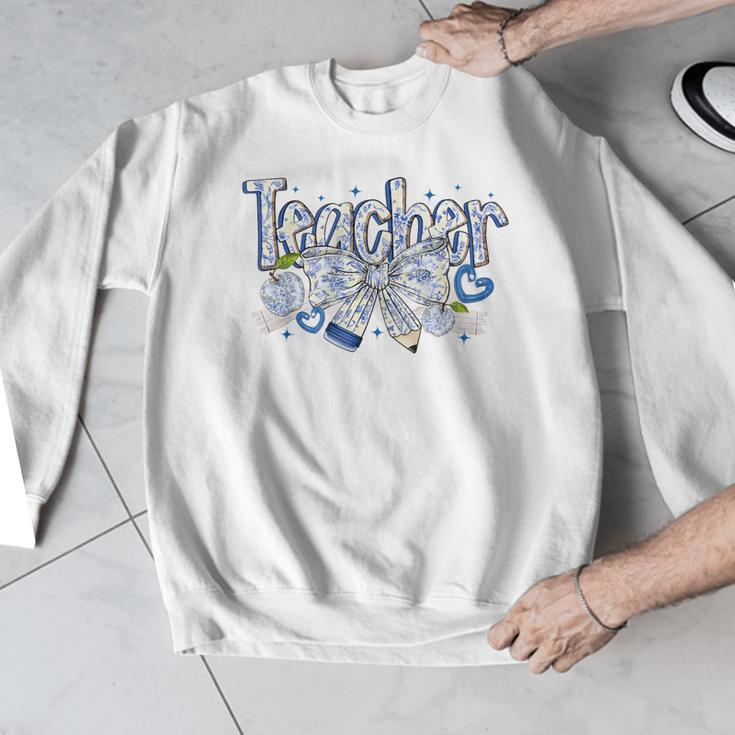 Teacher Blue Chinoiserie Coquette Bow Heart Teacher Life Men Graphic Sweatshirt, funny design
