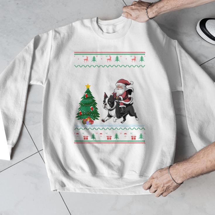 Ugly Christmas Tree Lights Xmas Santa Riding Boston Terrier Men Graphic Sweatshirt, Boston Terrier Christmas Gifts, Boston Terrier Riding Gifts, funny design