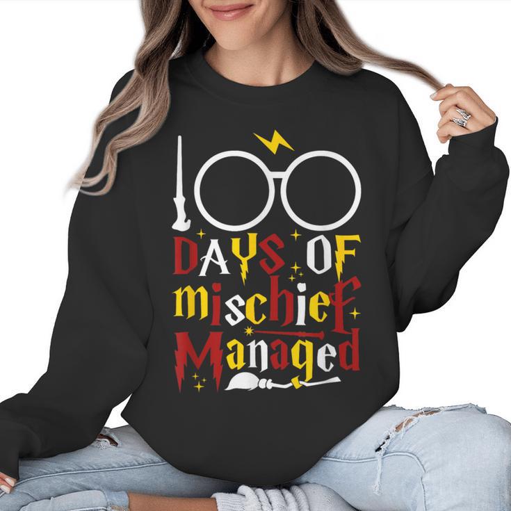 100 Days Of Mischief Managed Teacher Kid 100th Day Of School Women Crewneck Sweatshirt