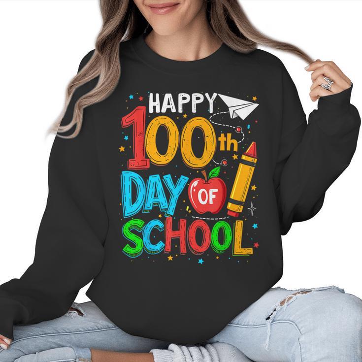 100th Day Of School Teachers Kids Happy 100 Days Women Crewneck Sweatshirt
