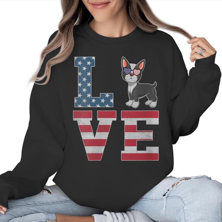 4th Of July Decor Patriotic LOVE Boston Terrier USA Flag Women Crewneck Sweatshirt