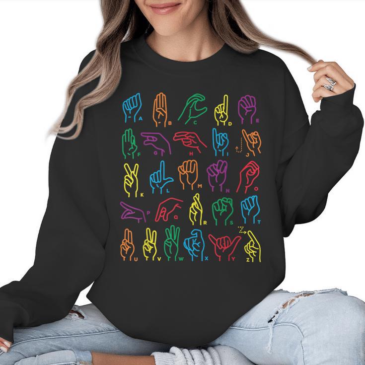 ABC Sign Language Chart Teacher Hand Letter Alphabet ASL Women Crewneck Sweatshirt