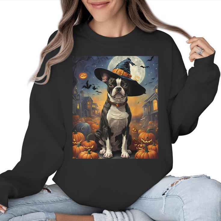 Aesthetic Halloween Boston Terrier Dog Witch Pumpkin For Men Women Kids Women Crewneck Sweatshirt