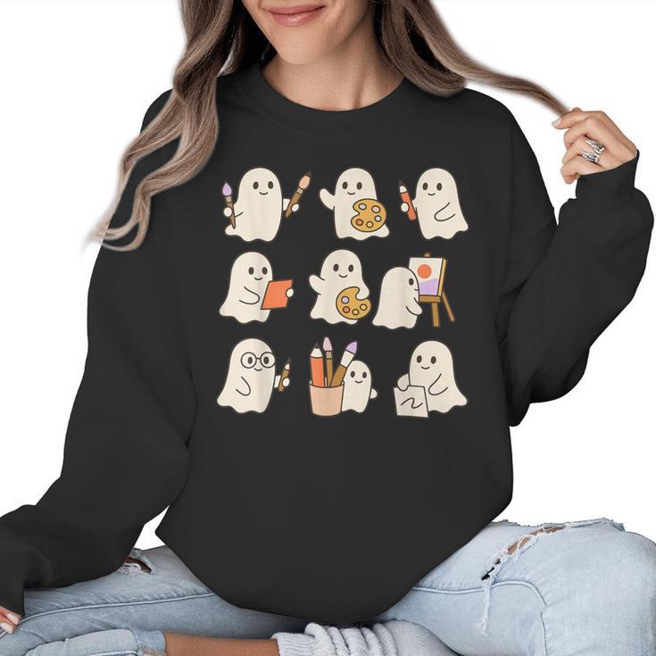Art Teacher Ghost Halloween Artists Painter Teacher Spooky Women Crewneck Sweatshirt