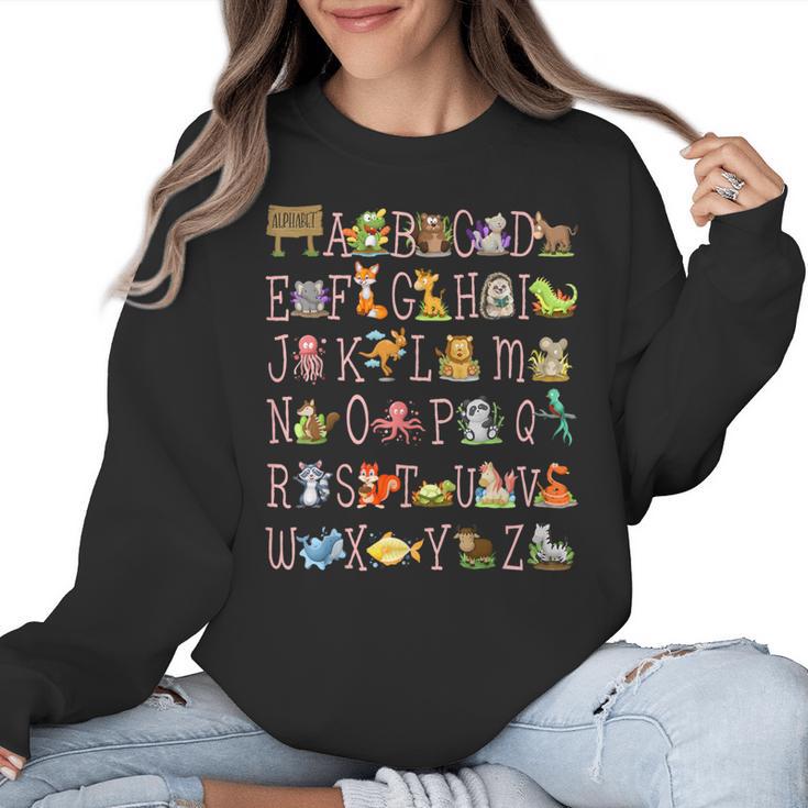 Back To School Kindergarten Teacher ABCs Animals Alphabet Women Crewneck Sweatshirt