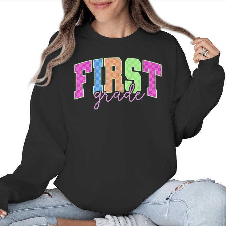 Back To School Neon Checkered First Grade Colorful Teacher Women Crewneck Sweatshirt