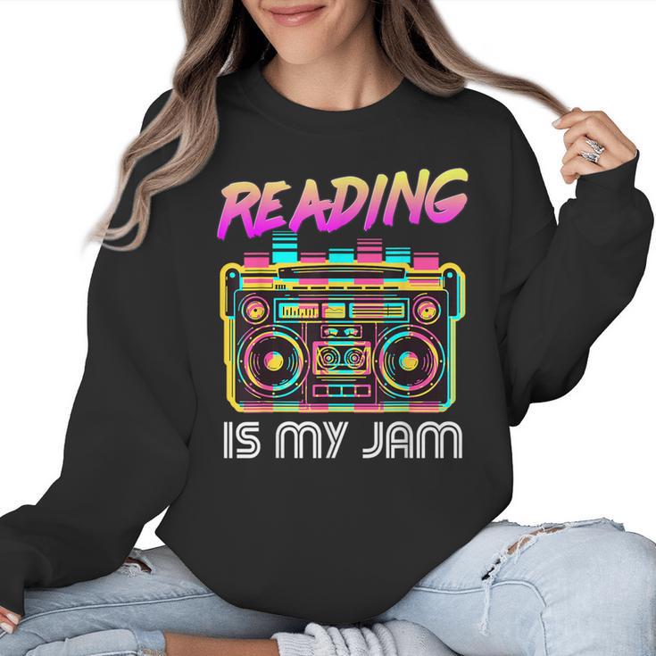 Back To School Retro Reading Is My Jam 80s Teacher Boombox Women Crewneck Sweatshirt