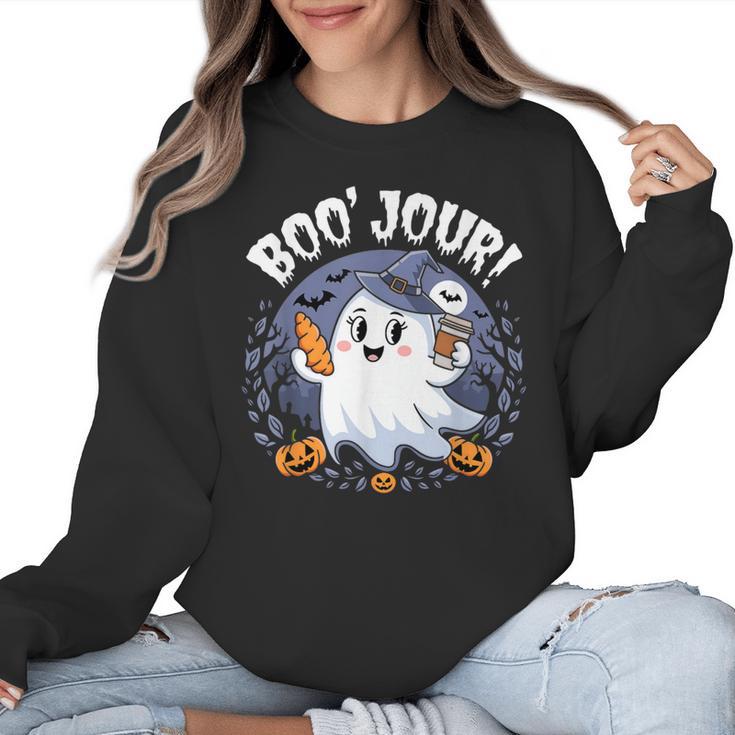 Boo Jour Ghost Halloween French Teacher Cute Coffe Croissant Women Crewneck Sweatshirt