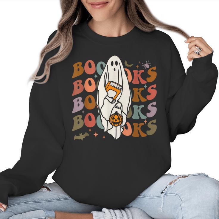 Booooks Ghost Halloween Groovy Vintage Teacher Book Reading Women Crewneck Sweatshirt