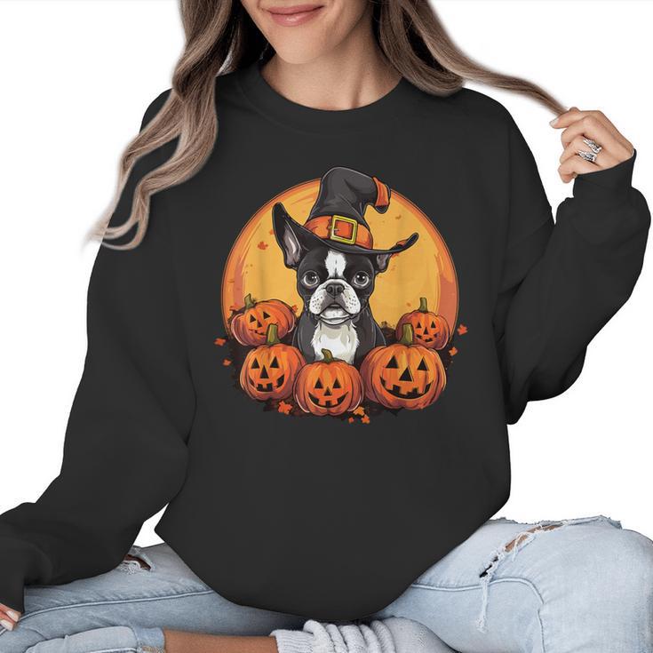Boston Terrier Bostie Dog Breed Pet Halloween Pumpkins Women Crewneck Sweatshirt