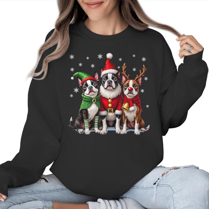 Boston Terrier Christmas Dogs Santa Reindeer Elf Women Crewneck Sweatshirt