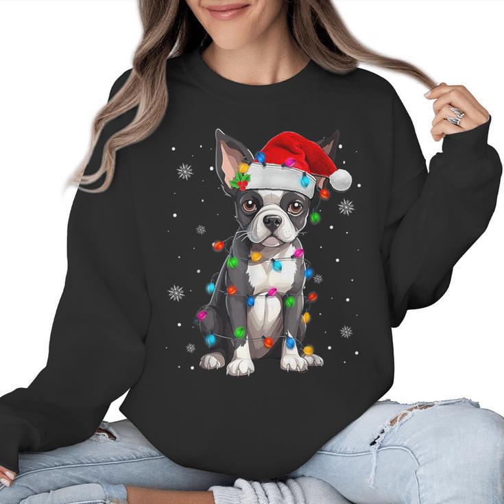 Boston Terrier Christmas Santa Hat Tree Lights Pajama Women Crewneck Sweatshirt
