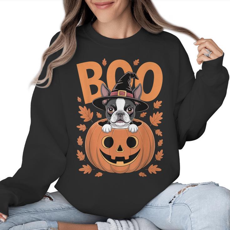 Boston Terrier Costume On Pumpkin Halloween Boston Terrier Women Crewneck Sweatshirt