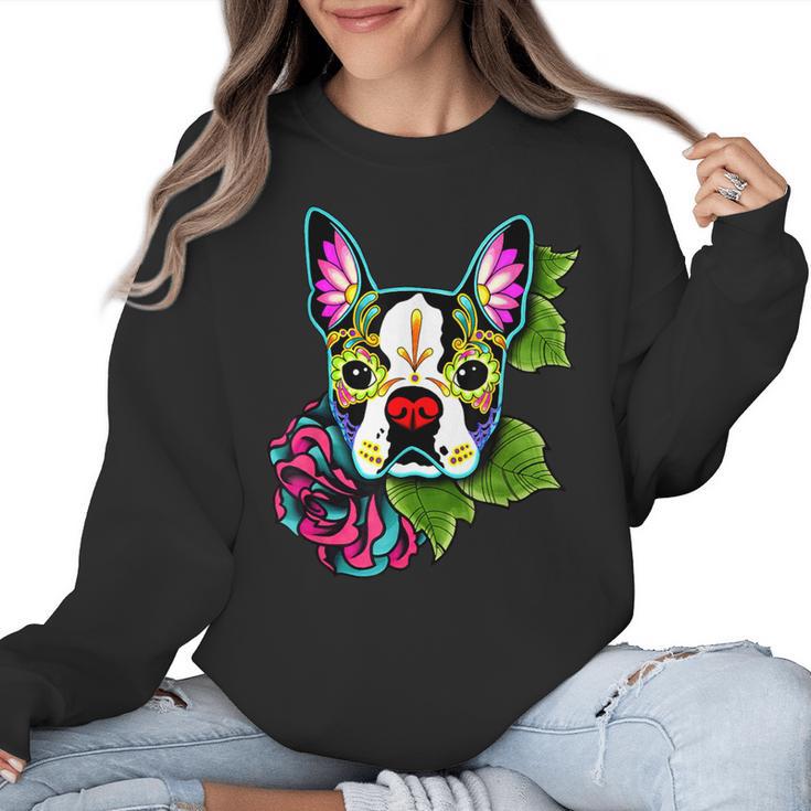 Boston Terrier In Day Of The Dead Sugar Skull Dog Women Crewneck Sweatshirt