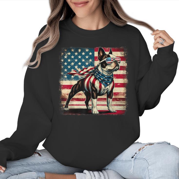 Boston Terrier Dog 4th Of July USA American Flag Patriotic Women Crewneck Sweatshirt