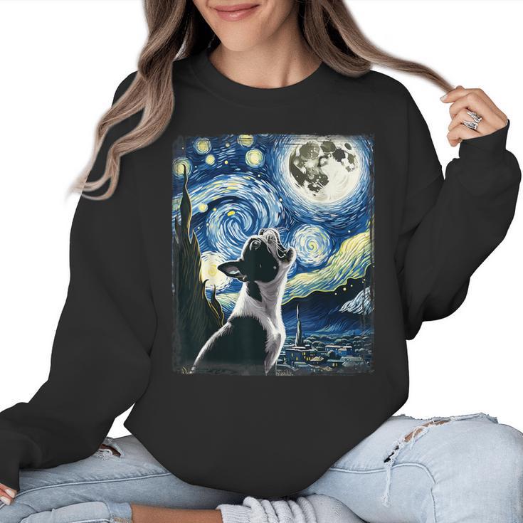 Boston Terrier Dog Art Van Gogh Starry Night Boston Terrier Women Crewneck Sweatshirt