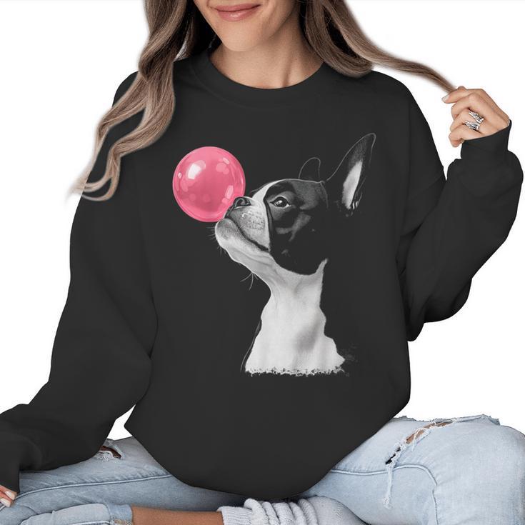 Boston Terrier Dog Blowing Chewing Bubble Gum Pink Women Crewneck Sweatshirt