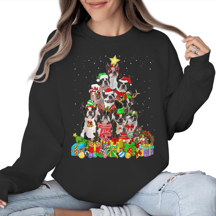 Boston Terrier Dog Christmas Tree Lights Xmas Pajama For Men Women Kids Women Crewneck Sweatshirt