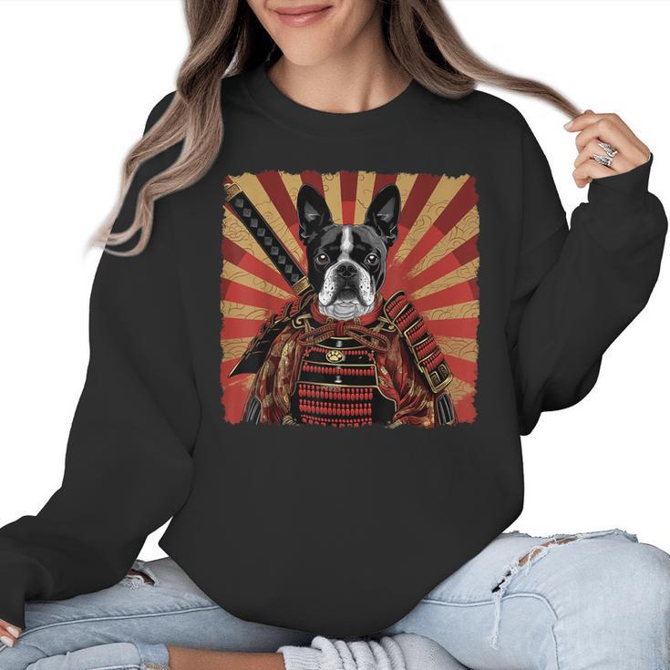 Boston Terrier Dog Japanese Art Samurai Ukiyo-e Women Crewneck Sweatshirt