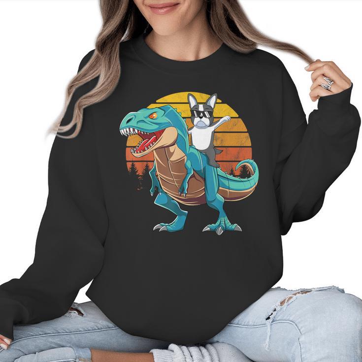 Boston Terrier Dog Riding Dinosaur T Rex Boys Women Crewneck Sweatshirt