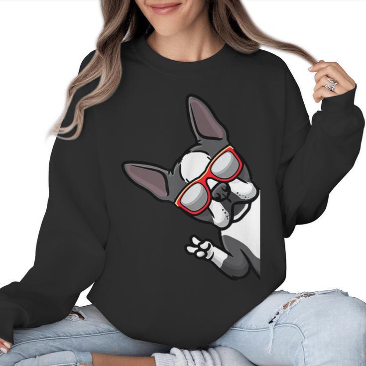 Boston Terrier Dog From Side Boston Bull Women Crewneck Sweatshirt