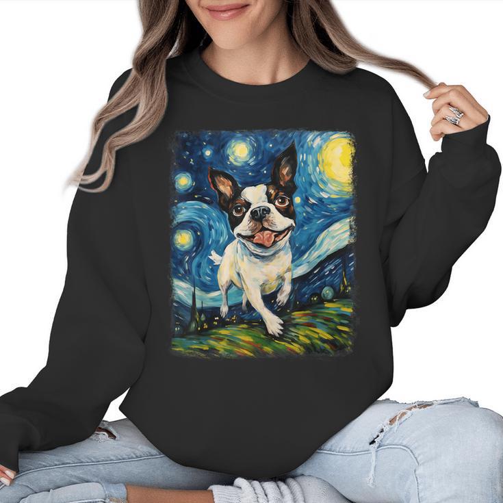 Boston Terrier Dog Starry Night Painting Women Crewneck Sweatshirt