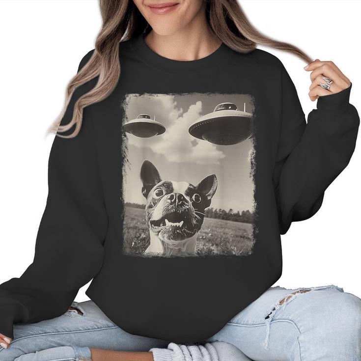 Boston Terrier Dog UFO Alien Extraterrestrial Selfie Women Crewneck Sweatshirt