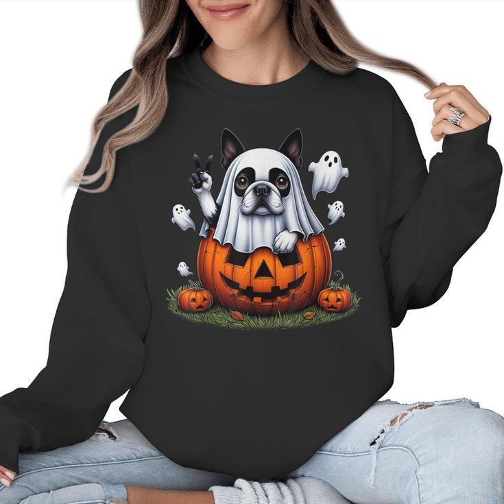 Boston Terrier Ghost Boo Halloween Kids Women Crewneck Sweatshirt