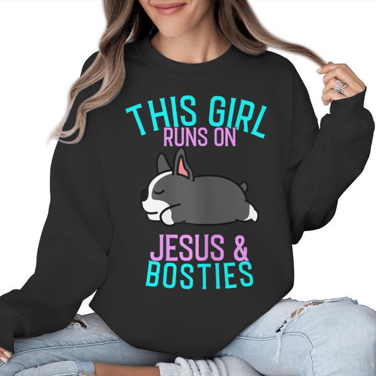 Boston Terrier This Girl Runs On Jesus And Boston Terriers Women Crewneck Sweatshirt