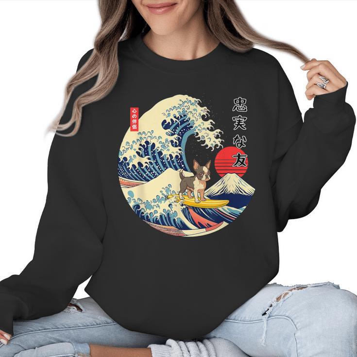 Boston Terrier Japanese Kanagawa Wave Surf Loyal Dog Men Women Kids Women Crewneck Sweatshirt