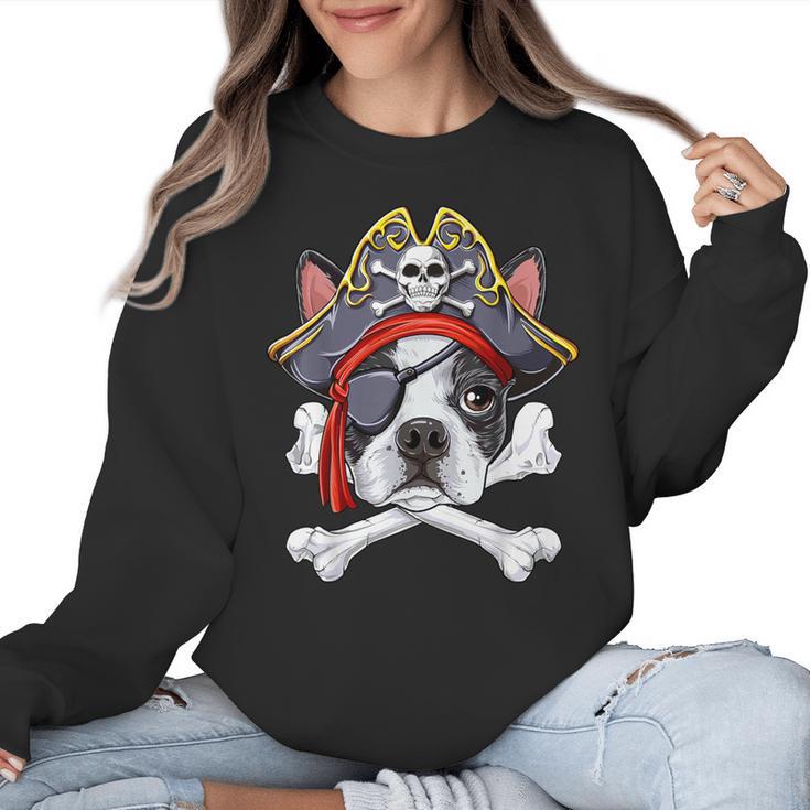 Boston Terrier Pirate T Shirt Jolly Roger Crossbones Skull Women Crewneck Sweatshirt