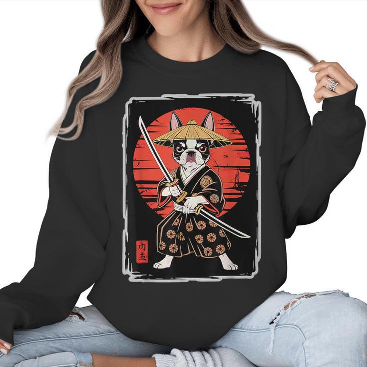 Boston Terrier Samurai Ninja Vintage Anime Japanese Ukiyo-e Women Crewneck Sweatshirt, trending gift