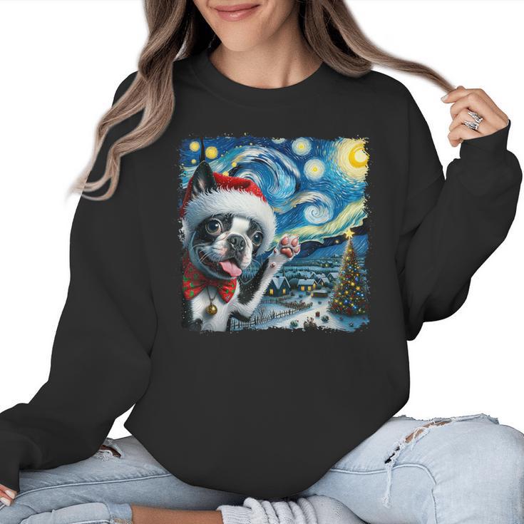 Boston Terrier Santa Starry Night Van Gogh Christmas Dog Men Women Kids Women Crewneck Sweatshirt