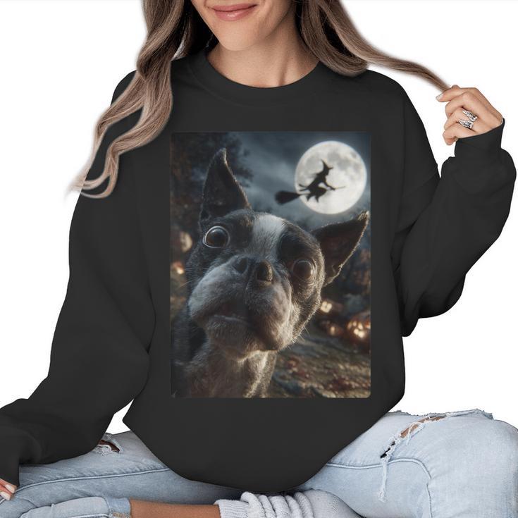 Boston Terrier Selfie Full Moon Flying Witch Halloween Dog Women Crewneck Sweatshirt