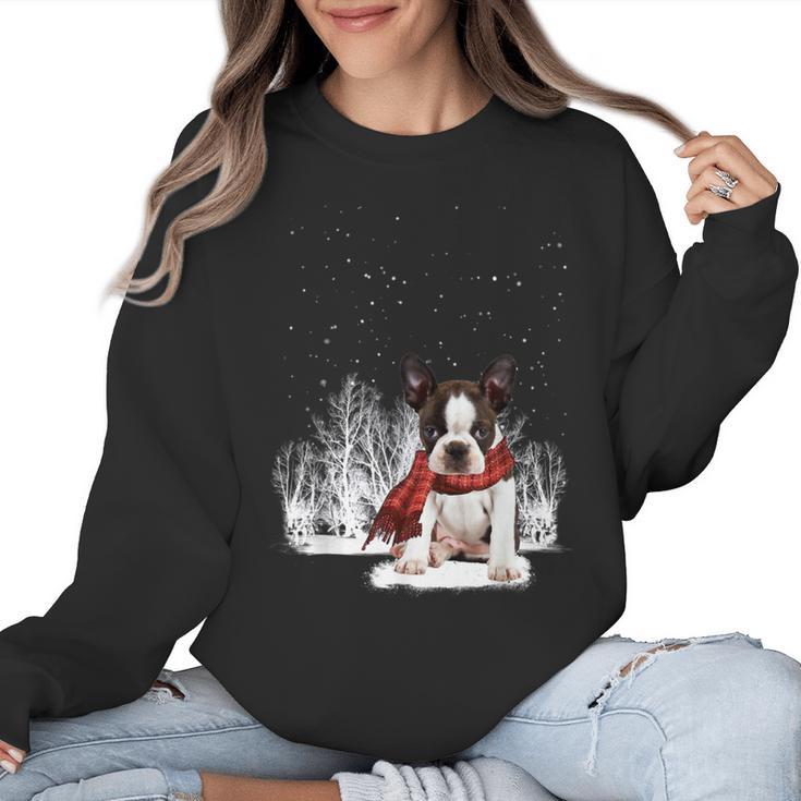 Boston Terrier In The Snow Merry Christmas Winter Women Crewneck Sweatshirt