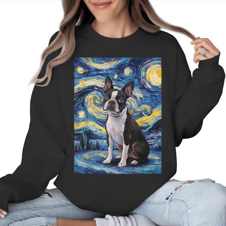 Boston Terrier Van Gogh Starry Night Women Crewneck Sweatshirt