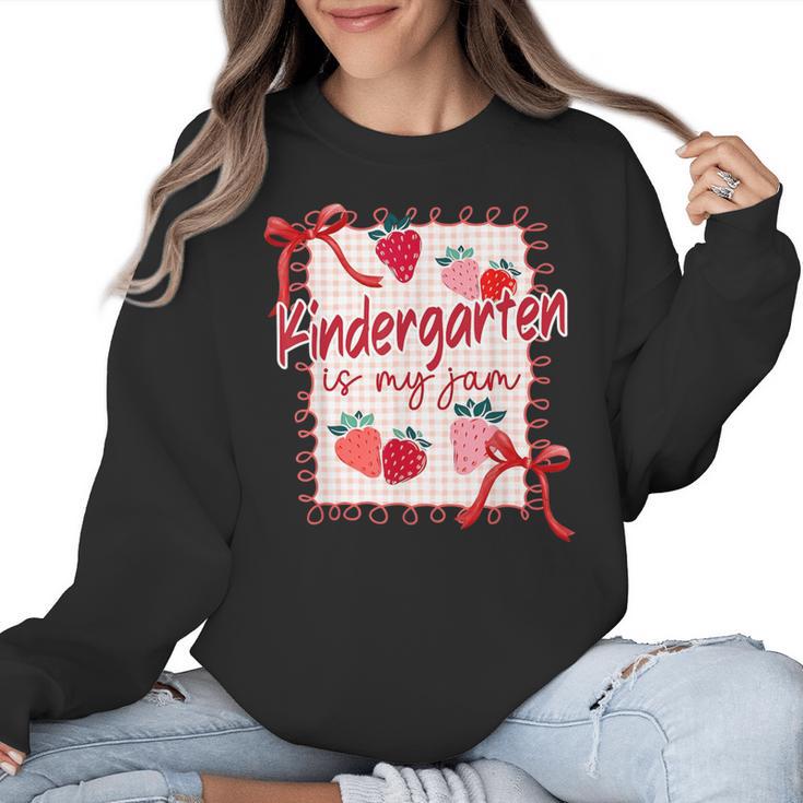 Bow Strawberry Kindergarten Is My Jam Teacher Kinder Team Women Crewneck Sweatshirt