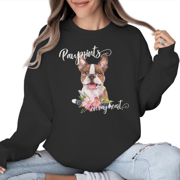 Brown Boston Terrier With Flowers And Feathers Women Crewneck Sweatshirt