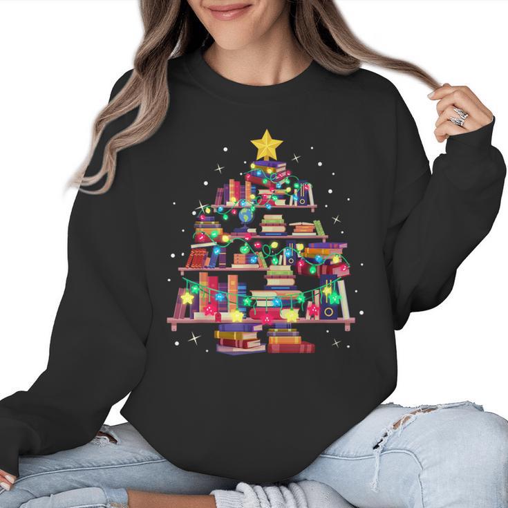 Christmas Library Tree Love Reading Books Nerd Teacher Women Crewneck Sweatshirt