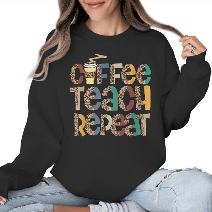 Coffee Teach Repeat Leopard Print Back To School Teachers Women Crewneck Sweatshirt