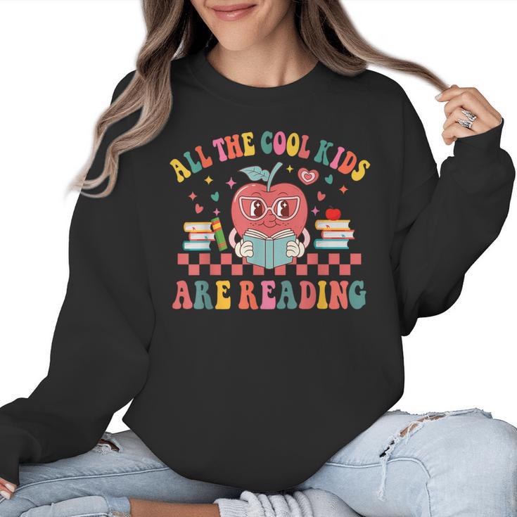 All The Cool Kids Are Reading Book Reading Teacher School Women Crewneck Sweatshirt