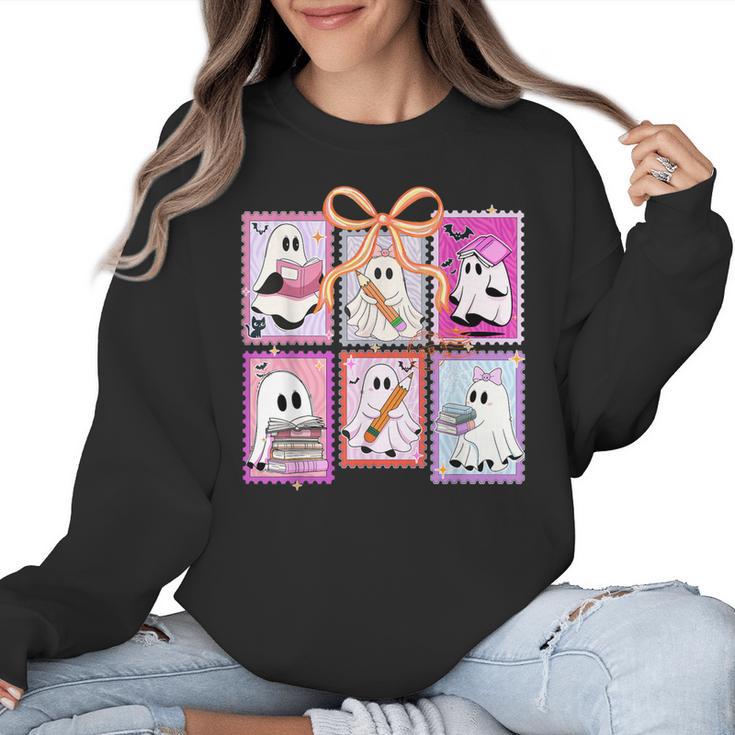 Coquette Bow Spooky Teacher Ghost Halloween Trick Or Teach Women Crewneck Sweatshirt
