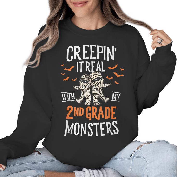 Creepin It Real With My 2nd Grade Monsters Halloween Teacher For Men Women Kids Women Crewneck Sweatshirt