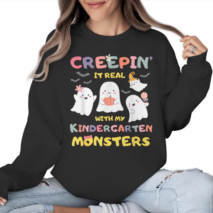 Creepin It Real With Kindergarten Monsters Halloween Teacher Women Crewneck Sweatshirt