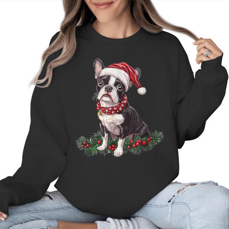 Cute Boston Terrier Dog Christmas Merry X-Mas Graphic Women Crewneck Sweatshirt