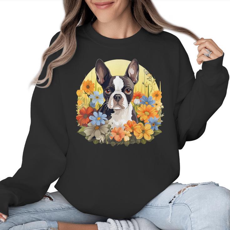 Cute Boston Terrier Spring Flower Garden Colorful Puppy Dog Women Crewneck Sweatshirt